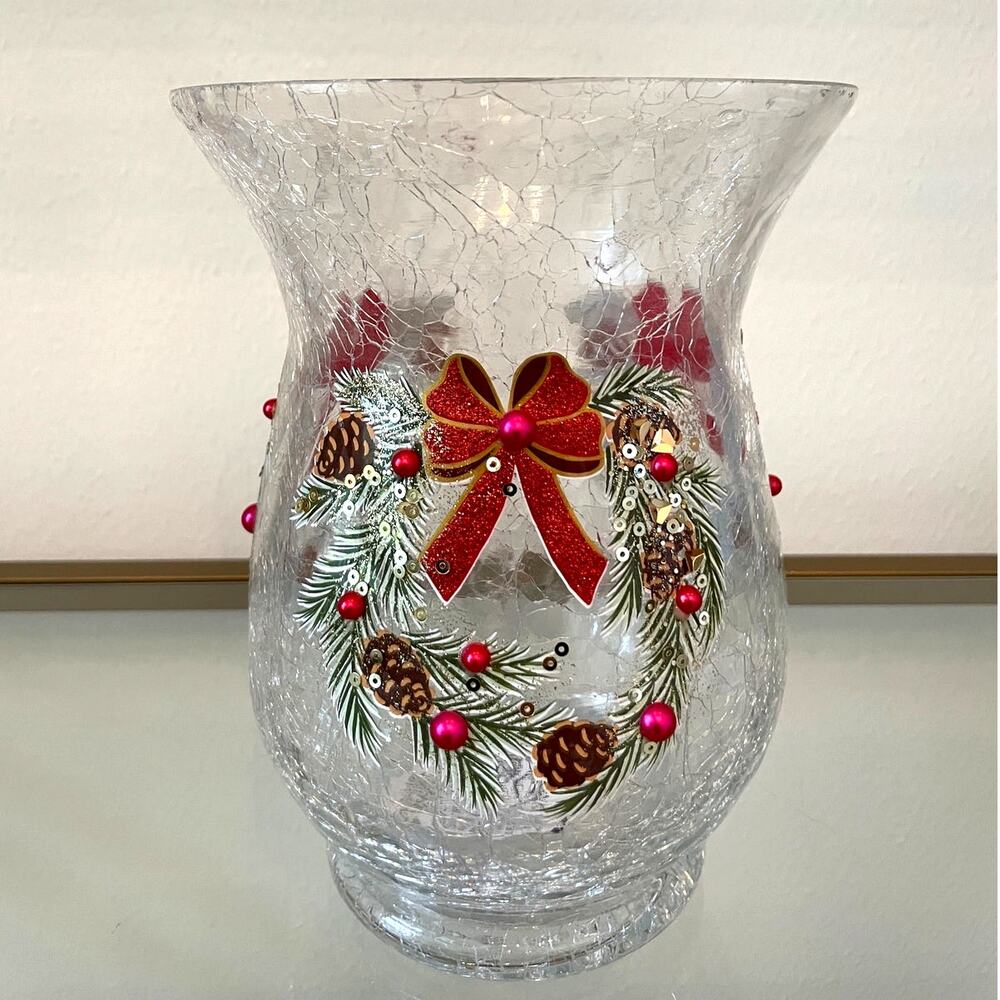Jeweled Crackle Glass Hurricane Vase 8in Christmas Holiday Holly Berry Red Bow
